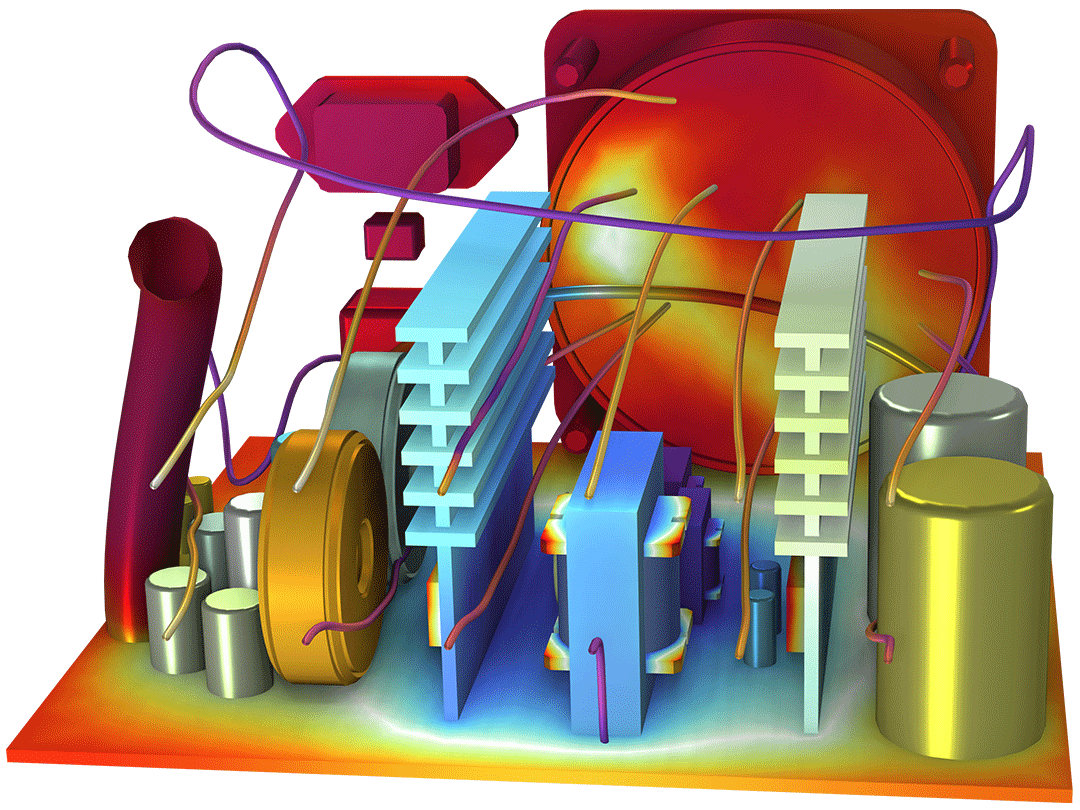 A power supply unit model showing the temperature of the components and the airflow as streamlines.