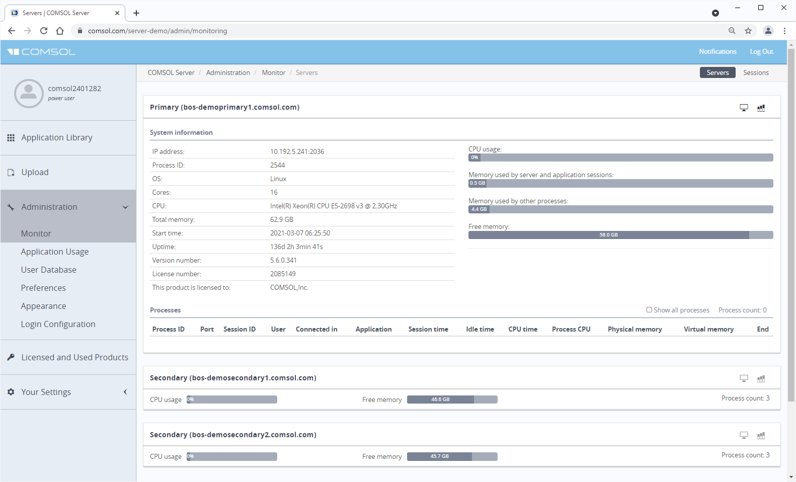 COMSOL Server running in a browser showing the administration and monitor tools.
